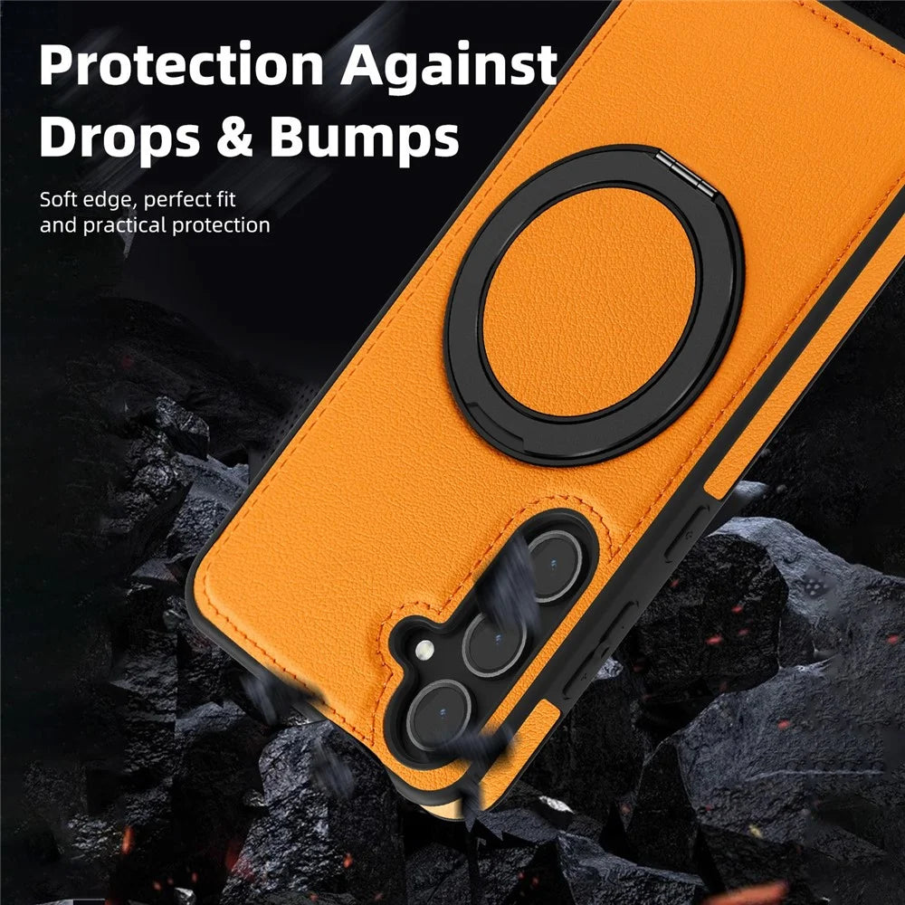 For Samsung Galaxy S25 Case with Ring Kickstand Magnetic Case PU Leather Back Cover - Orange - 6