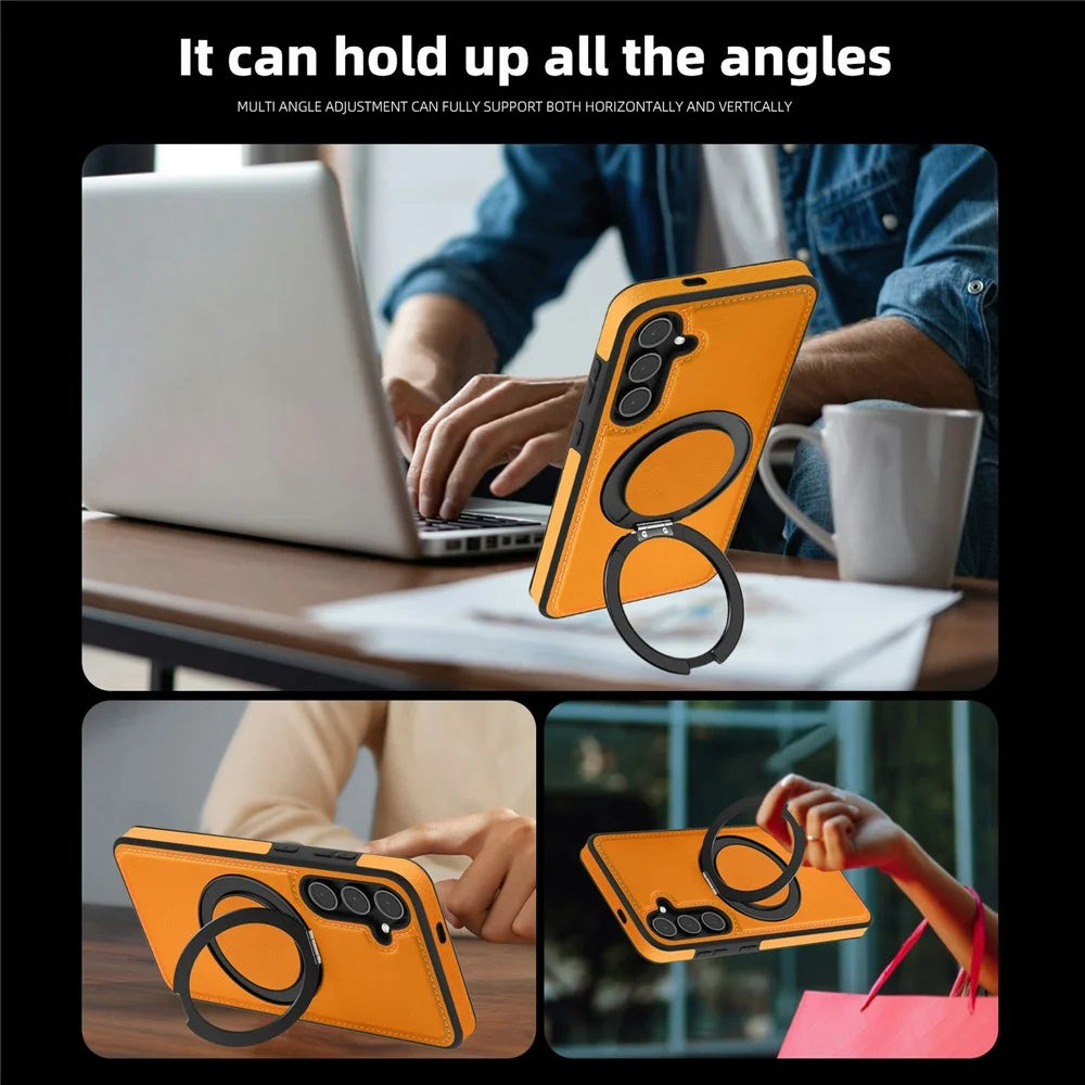 For Samsung Galaxy S25 Case with Ring Kickstand Magnetic Case PU Leather Back Cover - Orange - 7
