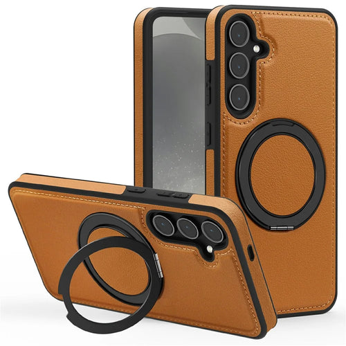 For Samsung Galaxy S25+ Case with Ring Kickstand Magnetic Case PU Leather Back Cover - Brown - 1