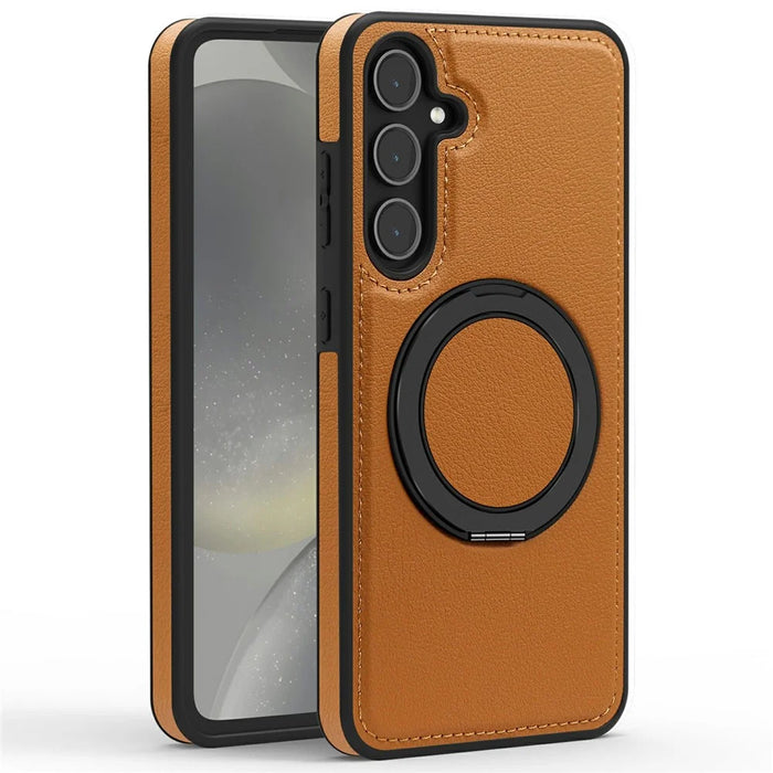 For Samsung Galaxy S25+ Case with Ring Kickstand Magnetic Case PU Leather Back Cover - Brown - 2