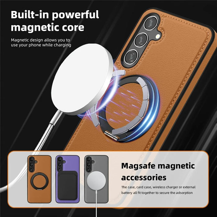 For Samsung Galaxy S25+ Case with Ring Kickstand Magnetic Case PU Leather Back Cover - Brown - 4