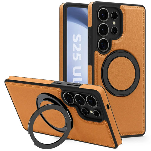 For Samsung Galaxy S25 Ultra Case with Ring Kickstand Magnetic Case PU Leather Back Cover - Brown - 1