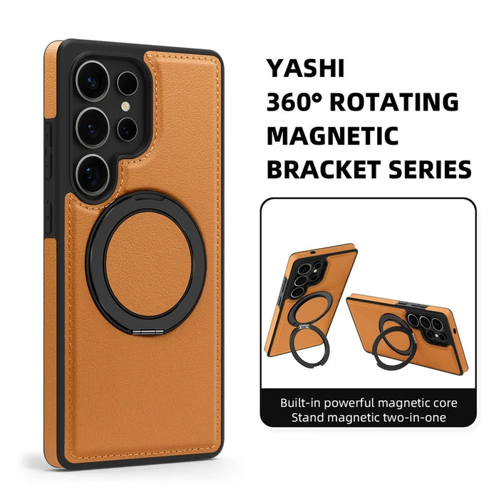 For Samsung Galaxy S25 Ultra Case with Ring Kickstand Magnetic Case PU Leather Back Cover - Brown - 3