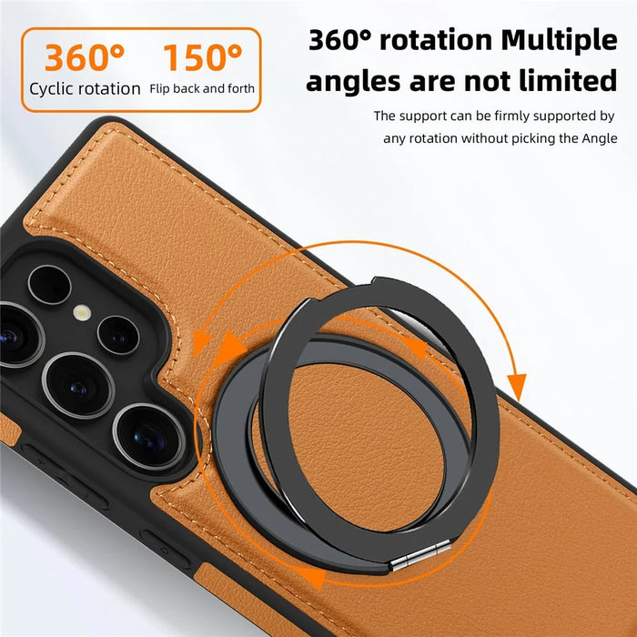 For Samsung Galaxy S25 Ultra Case with Ring Kickstand Magnetic Case PU Leather Back Cover - Brown - 4