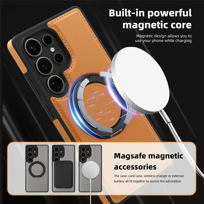 For Samsung Galaxy S25 Ultra Case with Ring Kickstand Magnetic Case PU Leather Back Cover - Brown - 5