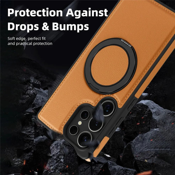 For Samsung Galaxy S25 Ultra Case with Ring Kickstand Magnetic Case PU Leather Back Cover - Brown - 6