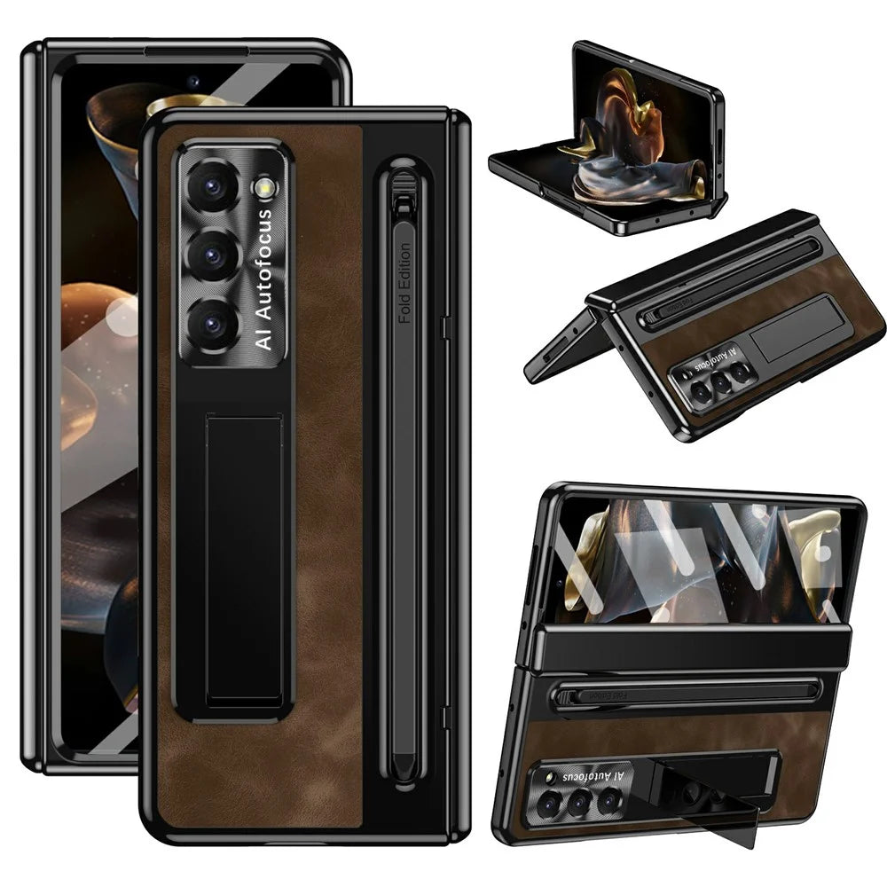 For Samsung Galaxy Z Fold Special Case Leather+PC Kickstand Phone Cover with Tempered Glass Film, Stylus - Coffee - 1