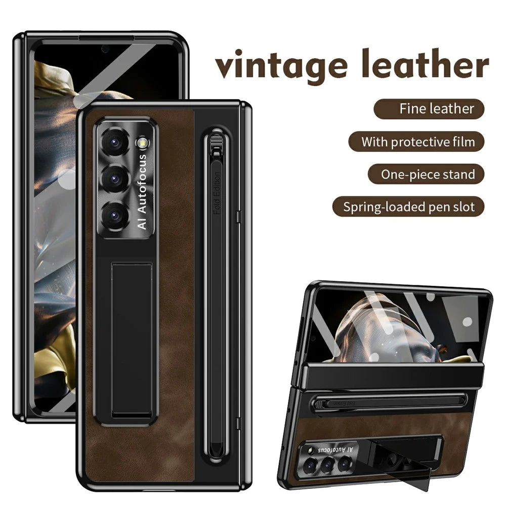 For Samsung Galaxy Z Fold Special Case Leather+PC Kickstand Phone Cover with Tempered Glass Film, Stylus - Coffee - 3