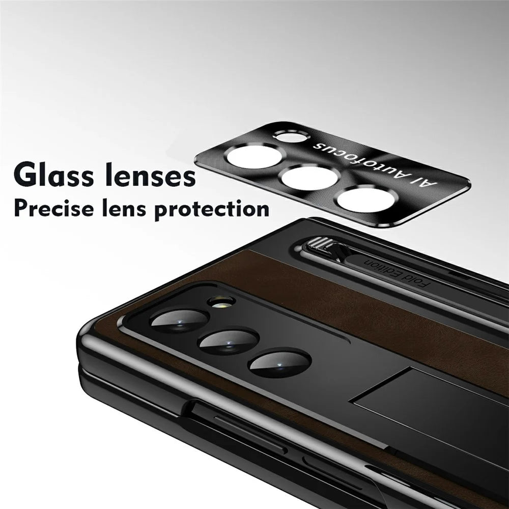 For Samsung Galaxy Z Fold Special Case Leather+PC Kickstand Phone Cover with Tempered Glass Film, Stylus - Coffee - 4