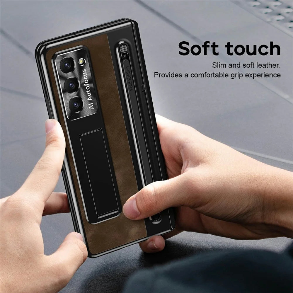 For Samsung Galaxy Z Fold Special Case Leather+PC Kickstand Phone Cover with Tempered Glass Film, Stylus - Coffee - 5