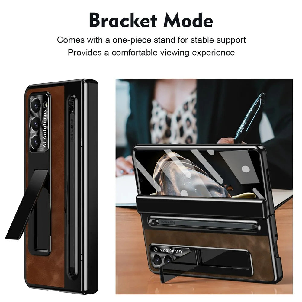 For Samsung Galaxy Z Fold Special Case Leather+PC Kickstand Phone Cover with Tempered Glass Film, Stylus - Coffee - 6