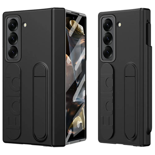 For Samsung Galaxy Z Fold Special Case Kickstand Wristband PC Phone Cover with Tempered Glass Film - Black - 1