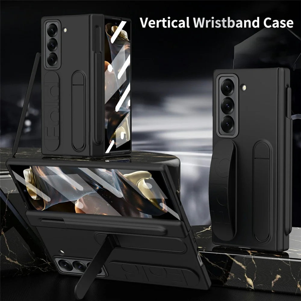 For Samsung Galaxy Z Fold Special Case Kickstand Wristband PC Phone Cover with Tempered Glass Film - Black - 3