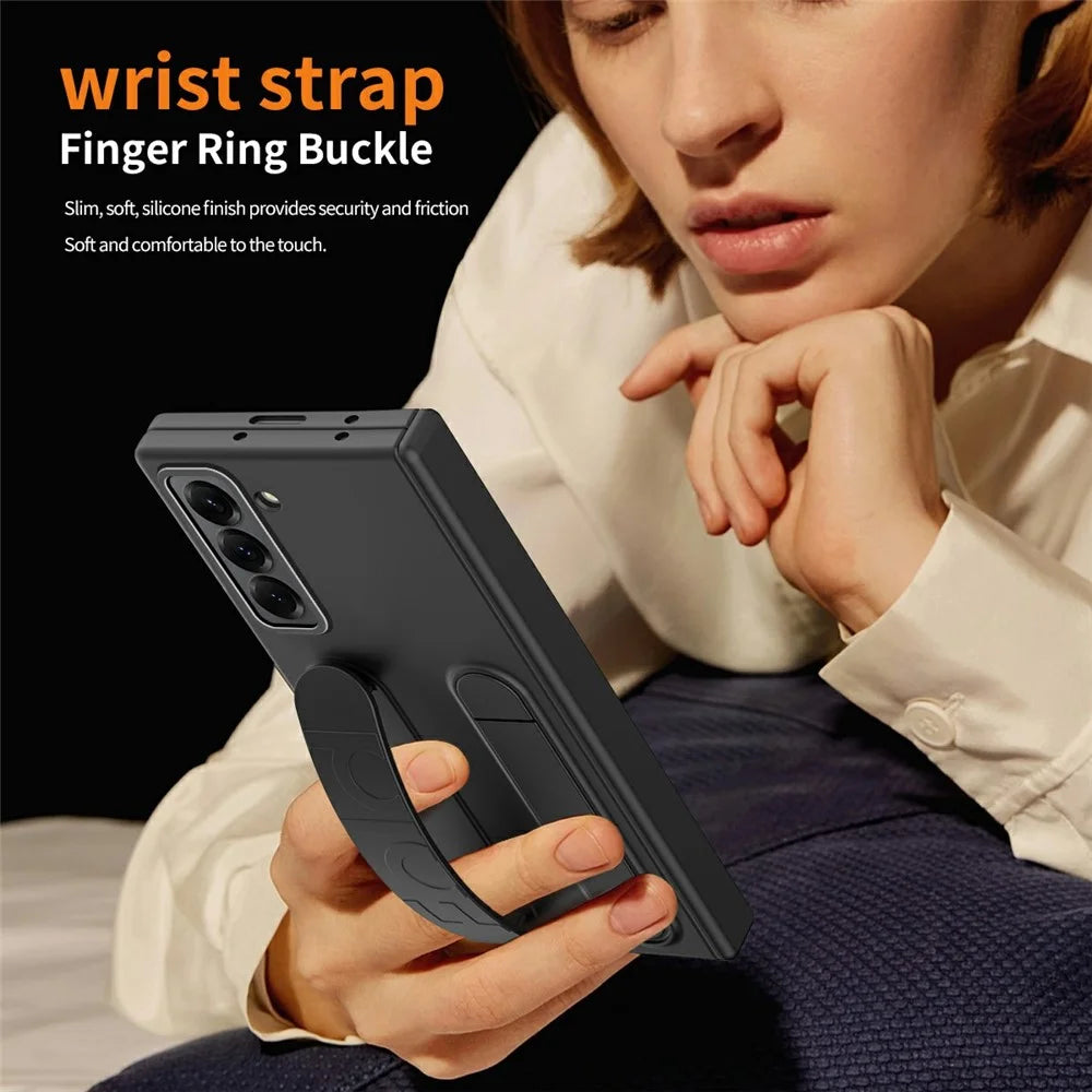 For Samsung Galaxy Z Fold Special Case Kickstand Wristband PC Phone Cover with Tempered Glass Film - Black - 6