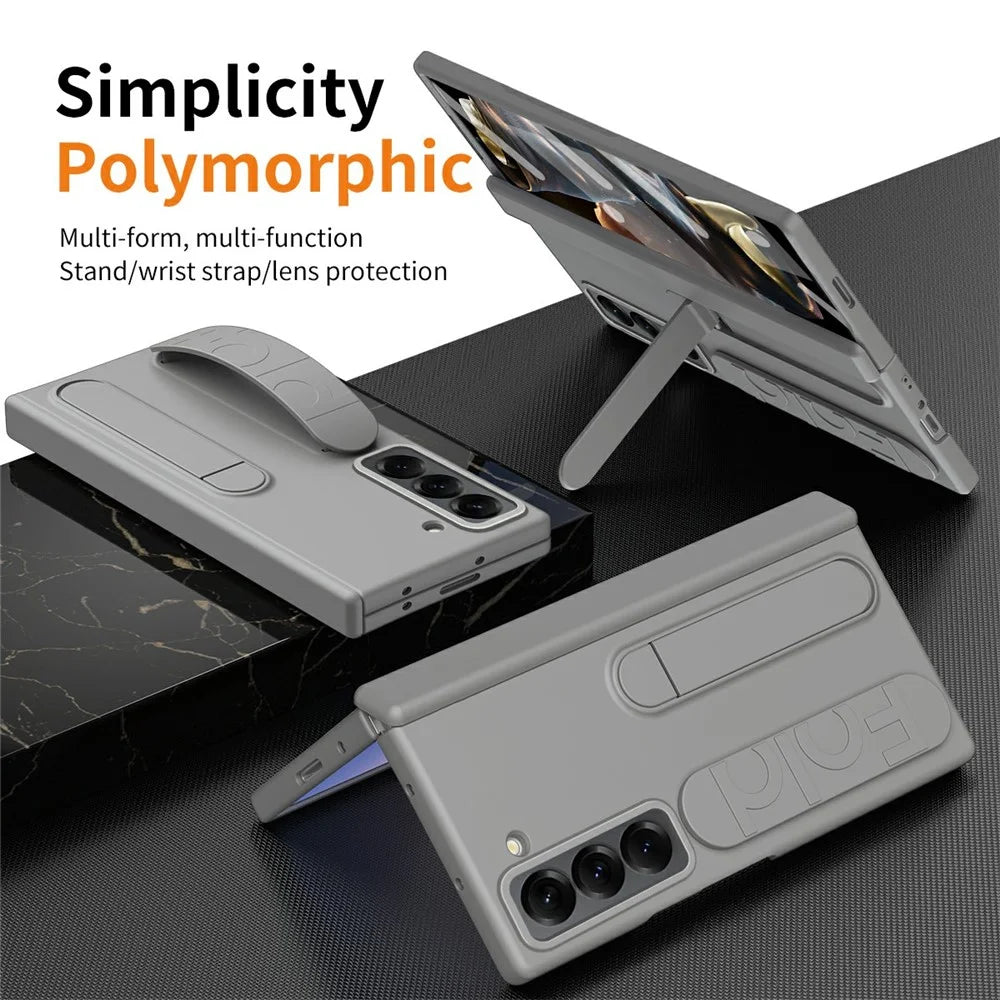 For Samsung Galaxy Z Fold Special Case Kickstand Wristband PC Phone Cover with Tempered Glass Film - Black - 7