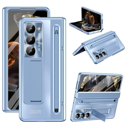 For Samsung Galaxy Z Fold Special Case Kickstand Hinge PC Phone Cover with Tempered Glass Film, Stylus - Blue - 1