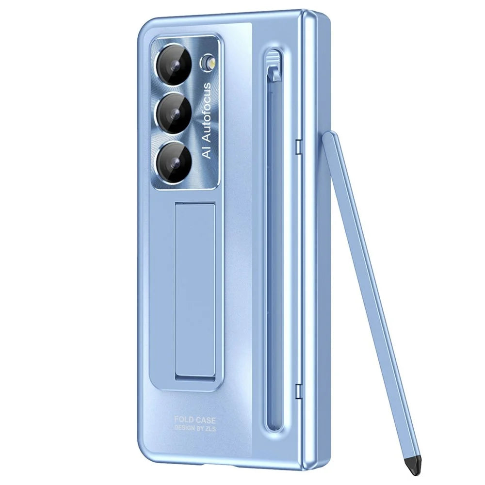 For Samsung Galaxy Z Fold Special Case Kickstand Hinge PC Phone Cover with Tempered Glass Film, Stylus - Blue - 2