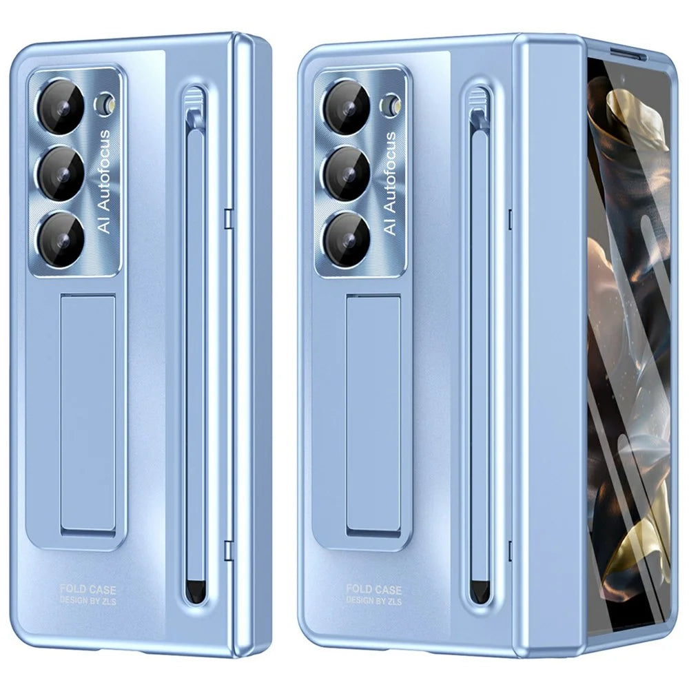For Samsung Galaxy Z Fold Special Case Kickstand Hinge PC Phone Cover with Tempered Glass Film, Stylus - Blue - 3