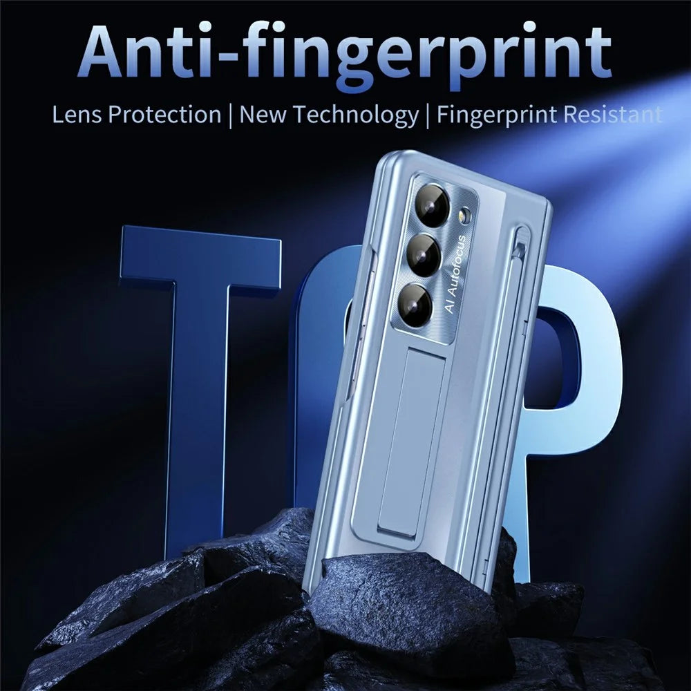 For Samsung Galaxy Z Fold Special Case Kickstand Hinge PC Phone Cover with Tempered Glass Film, Stylus - Blue - 4