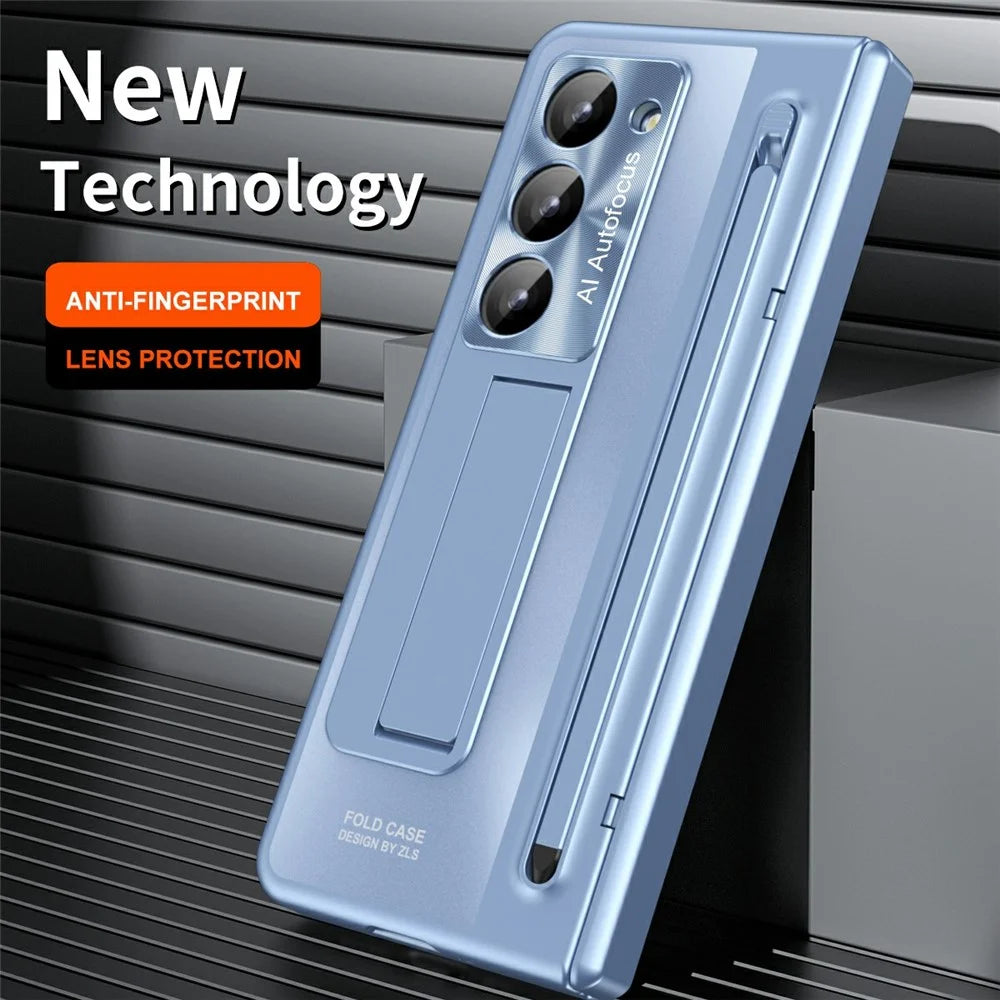 For Samsung Galaxy Z Fold Special Case Kickstand Hinge PC Phone Cover with Tempered Glass Film, Stylus - Blue - 6