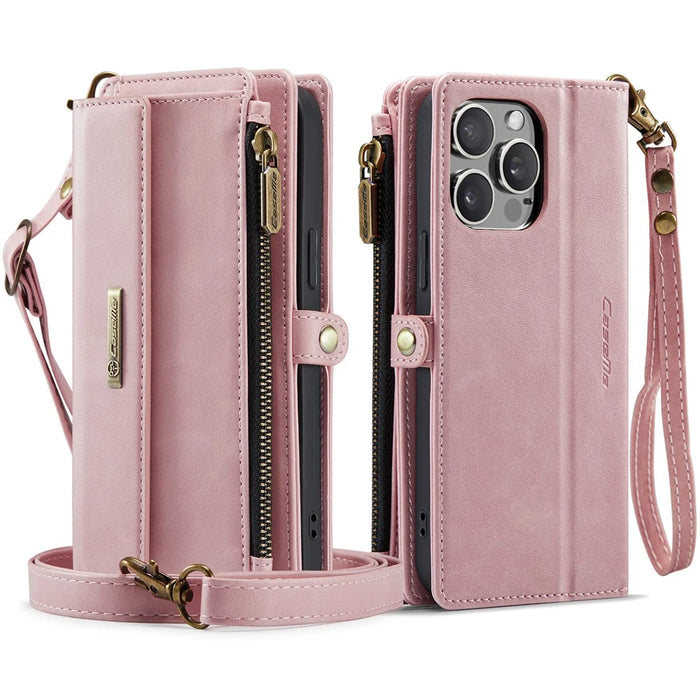 CASEME For iPhone 15 Pro Max Case  C39 RFID Blocking Zipper Wallet Stand Leather Cover with Strap - Pink - 2