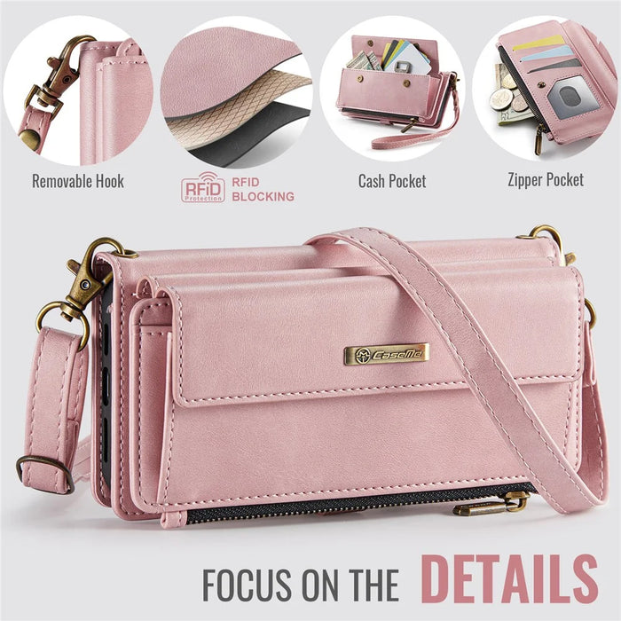 CASEME For iPhone 15 Pro Max Case  C39 RFID Blocking Zipper Wallet Stand Leather Cover with Strap - Pink - 4