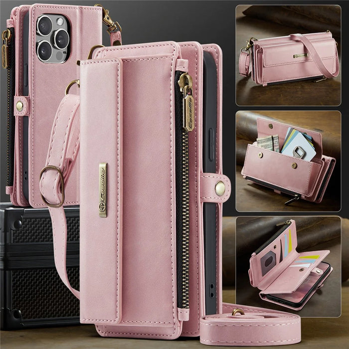 CASEME For iPhone 15 Pro Max Case  C39 RFID Blocking Zipper Wallet Stand Leather Cover with Strap - Pink - 5