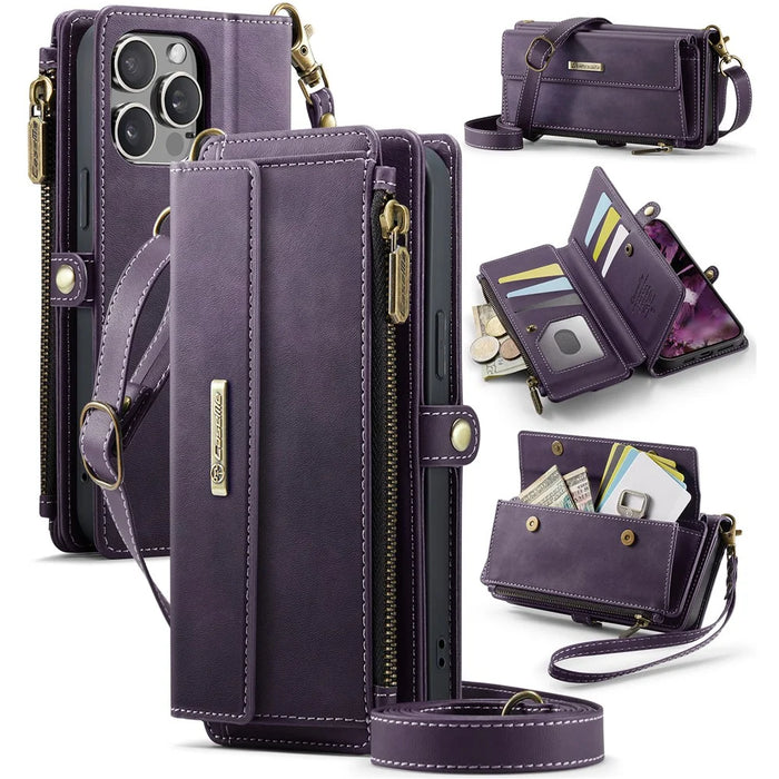 CASEME For iPhone 14 Pro Case  C39 RFID Blocking Zipper Wallet Stand Leather Cover with Strap - Purple - 1