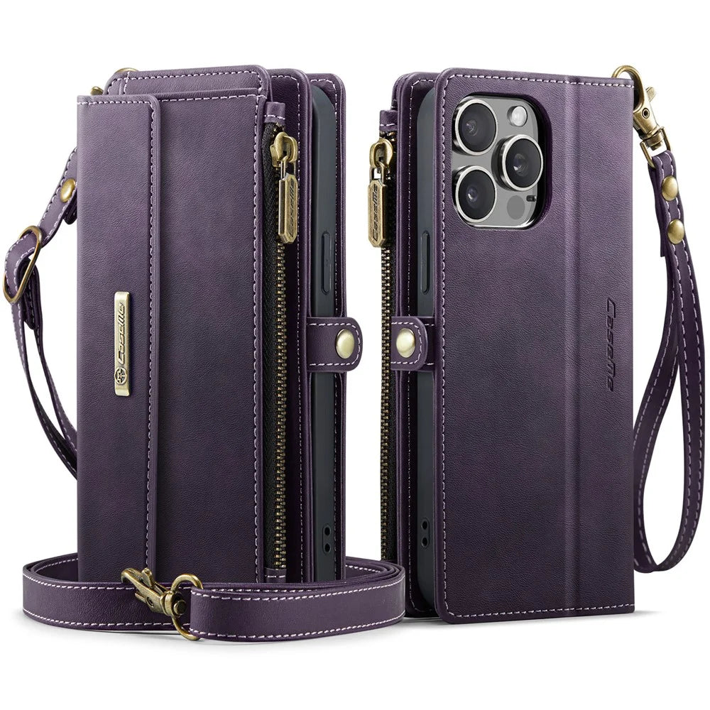 CASEME For iPhone 14 Pro Case  C39 RFID Blocking Zipper Wallet Stand Leather Cover with Strap - Purple - 2