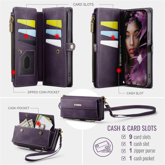 CASEME For iPhone 14 Pro Case  C39 RFID Blocking Zipper Wallet Stand Leather Cover with Strap - Purple - 3