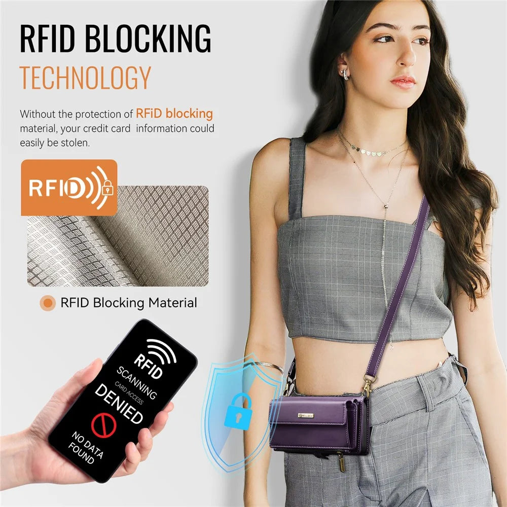 CASEME For iPhone 14 Pro Case  C39 RFID Blocking Zipper Wallet Stand Leather Cover with Strap - Purple - 7