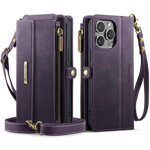 CASEME For iPhone 14 Pro Max Case  C39 RFID Blocking Zipper Wallet Stand Leather Cover with Strap - Purple - 2