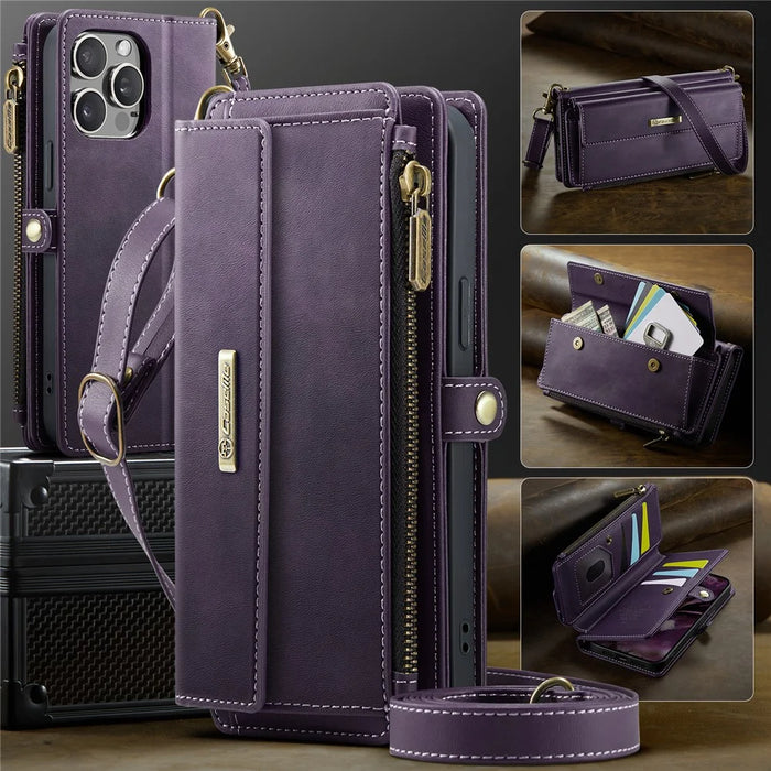CASEME For iPhone 14 Pro Max Case  C39 RFID Blocking Zipper Wallet Stand Leather Cover with Strap - Purple - 5