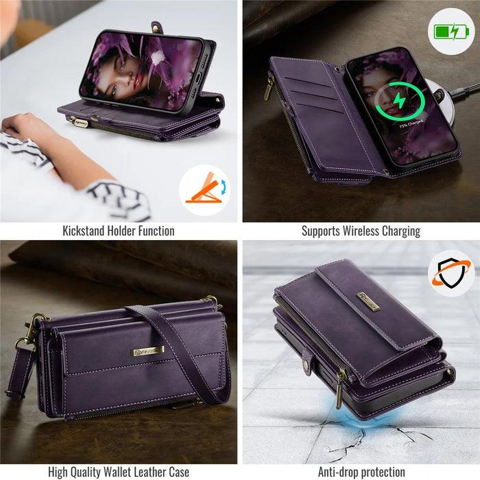 CASEME For iPhone 14 Pro Max Case  C39 RFID Blocking Zipper Wallet Stand Leather Cover with Strap - Purple - 6