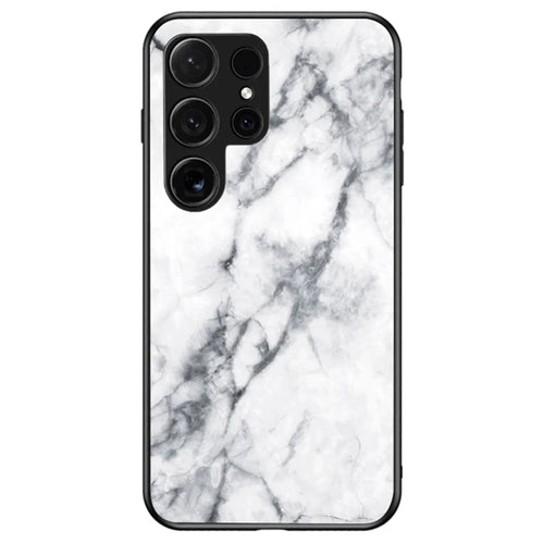 For Samsung Galaxy S25 Ultra Case Marble Pattern Tempered Glass + PC + TPU Protective Phone Cover - White Marble - 1