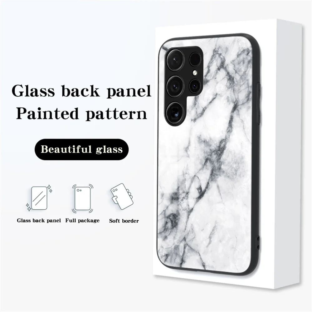 For Samsung Galaxy S25 Ultra Case Marble Pattern Tempered Glass + PC + TPU Protective Phone Cover - White Marble - 3