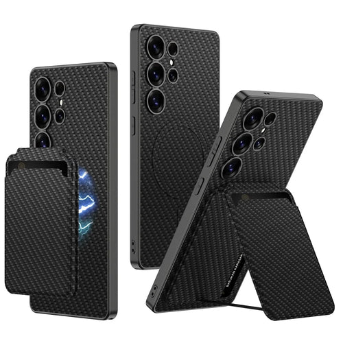 GKK For Samsung Galaxy S25 Ultra Magnetic Case Hybrid Phone Back Cover with Card Holder - Carbon Fiber Texture - 1