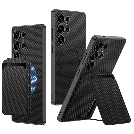 GKK For Samsung Galaxy S25 Ultra Magnetic Case Hybrid Phone Back Cover with Card Holder - Carbon Fiber Texture - 1