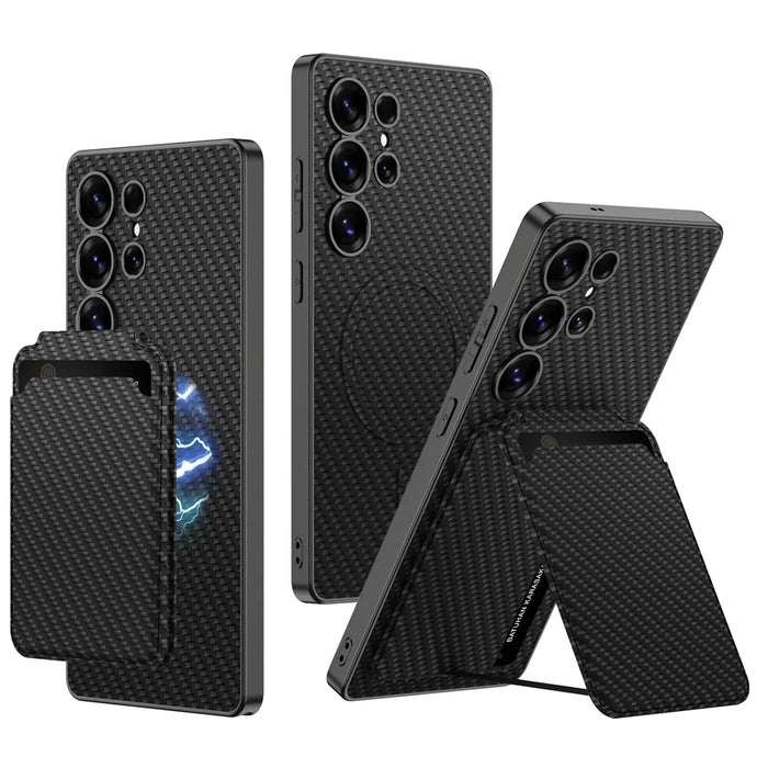 GKK For Samsung Galaxy S25 Ultra Magnetic Case Hybrid Phone Back Cover with Card Holder - Carbon Fiber Texture - 1