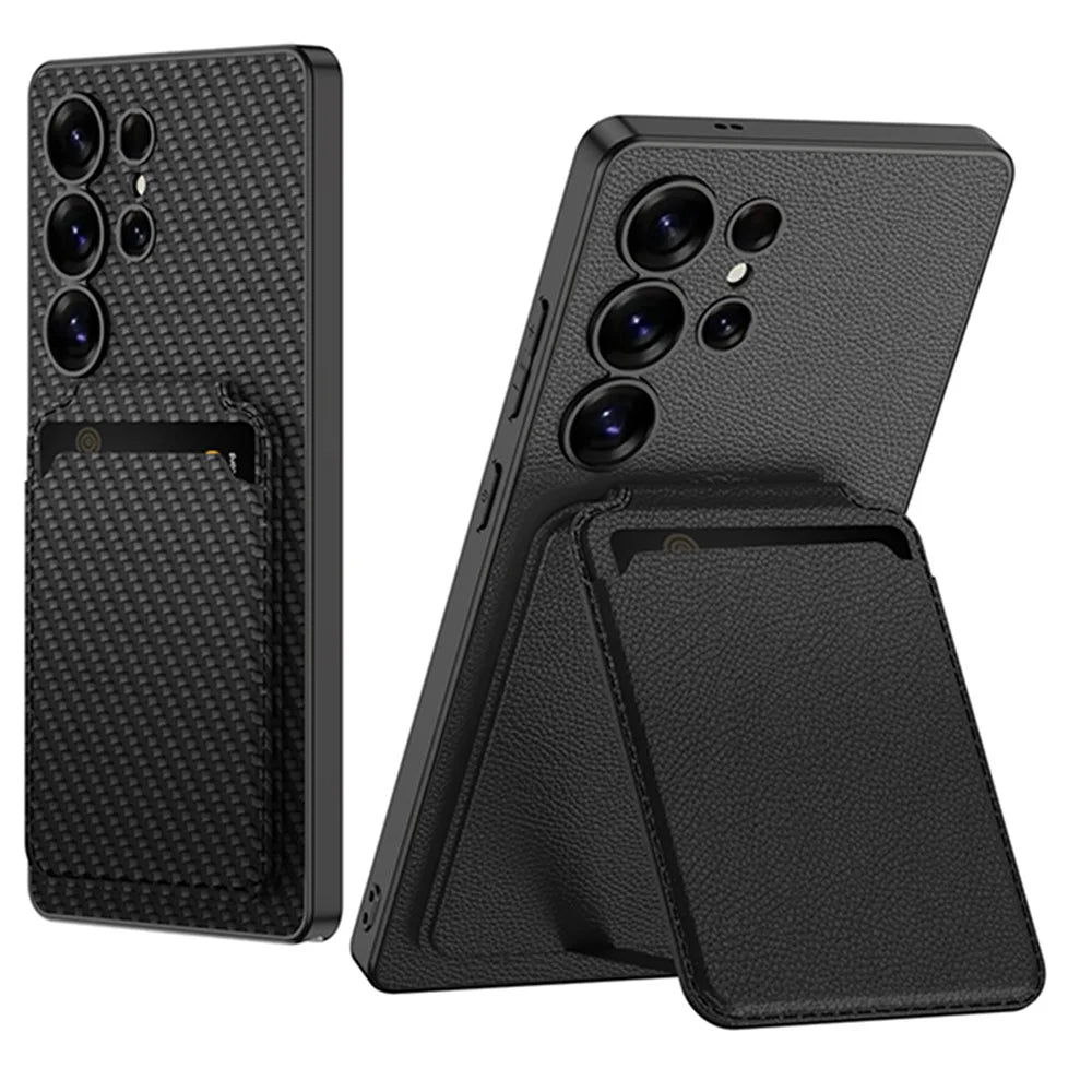 GKK For Samsung Galaxy S25 Ultra Magnetic Case Hybrid Phone Back Cover with Card Holder - Carbon Fiber Texture - 5
