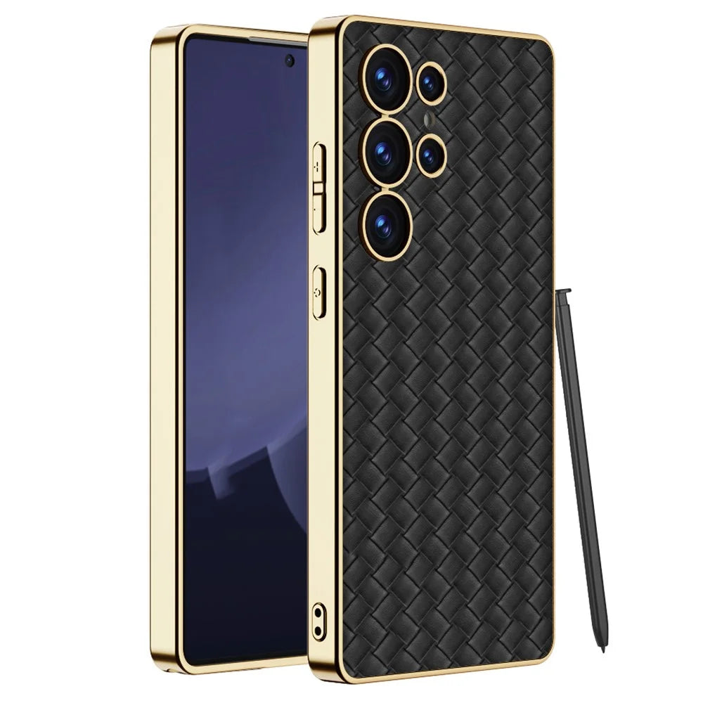 GKK For Samsung Galaxy S25 Ultra Cases Electroplating PU+TPU+PC Cell Phone Cover Woven Texture - Black - 1