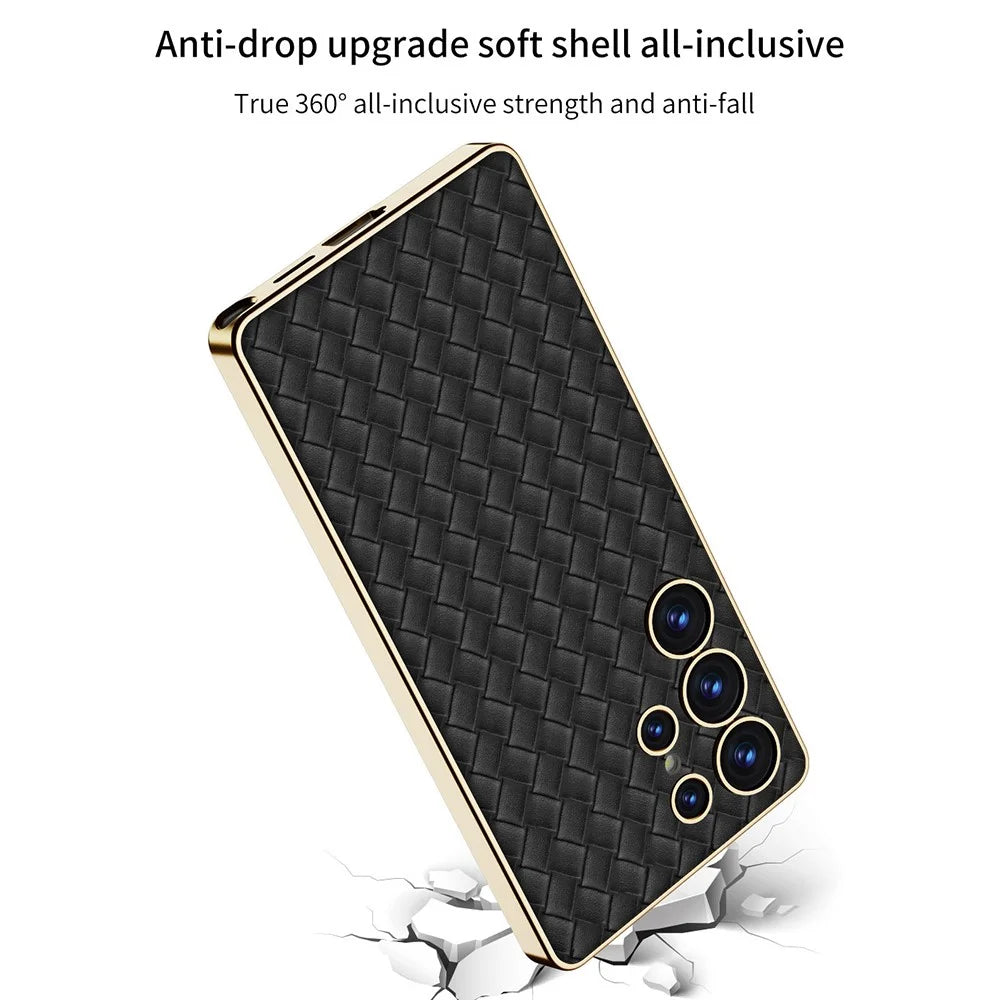 GKK For Samsung Galaxy S25 Ultra Cases Electroplating PU+TPU+PC Cell Phone Cover Woven Texture - Black - 7