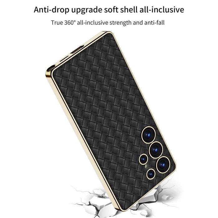 GKK For Samsung Galaxy S25 Ultra Cases Electroplating PU+TPU+PC Cell Phone Cover Woven Texture - Black - 7