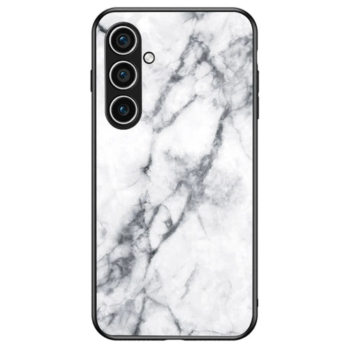 For Samsung Galaxy S24 FE Case Marble Pattern Tempered Glass + PC + TPU Protective Phone Cover - White Marble - 1