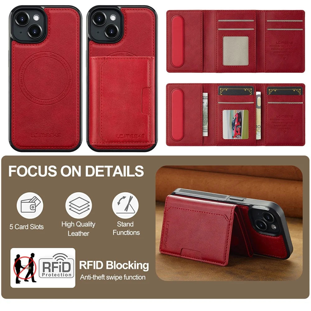 LC.IMEEKE L5 For iPhone 15 Magnetic Phone Case Leather Back Cover with Detachable Card Holder - Red - 2