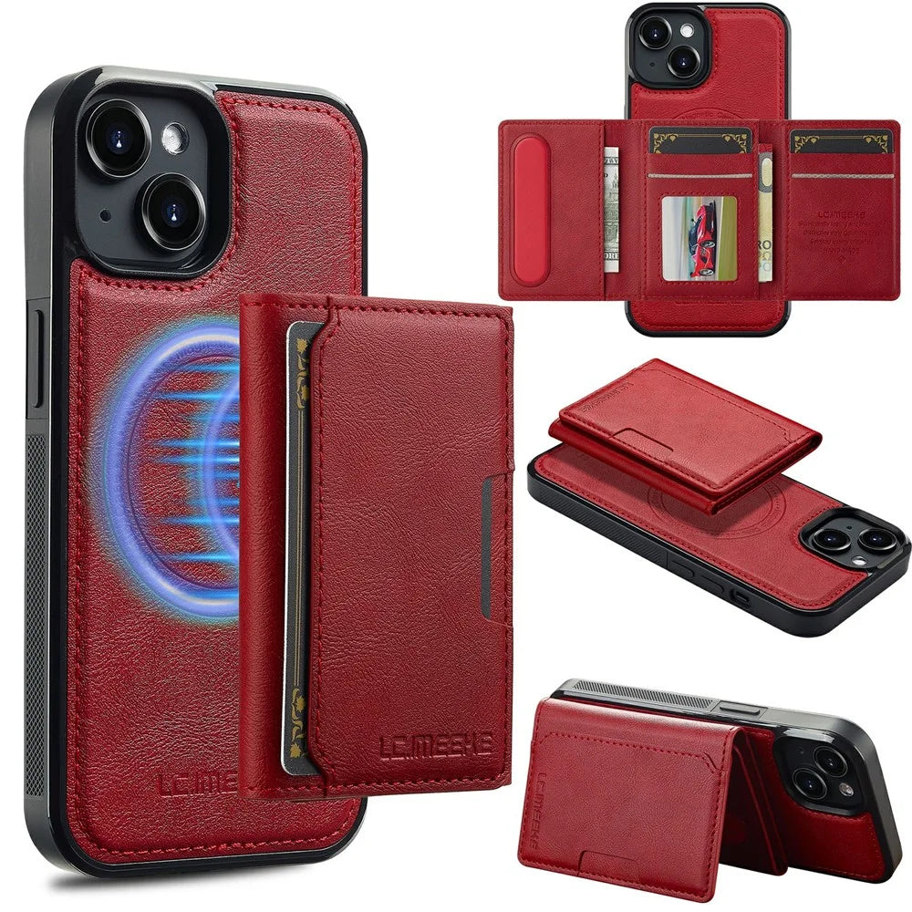 LC.IMEEKE L5 For iPhone 15 Plus Magnetic Phone Case Leather Back Cover with Detachable Card Holder - Red - 1