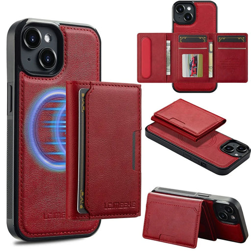 LC.IMEEKE L5 For iPhone 15 Plus Magnetic Phone Case Leather Back Cover with Detachable Card Holder - Red - 1