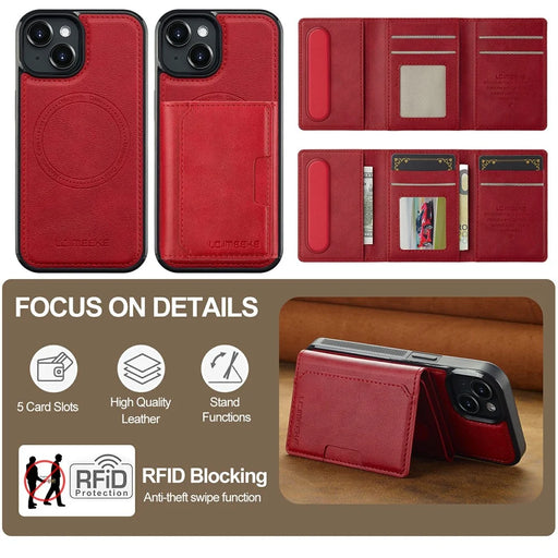LC.IMEEKE L5 For iPhone 15 Plus Magnetic Phone Case Leather Back Cover with Detachable Card Holder - Red - 2