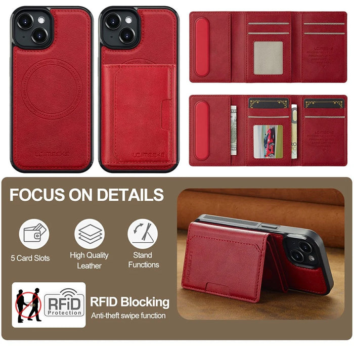 LC.IMEEKE L5 For iPhone 15 Plus Magnetic Phone Case Leather Back Cover with Detachable Card Holder - Red - 2