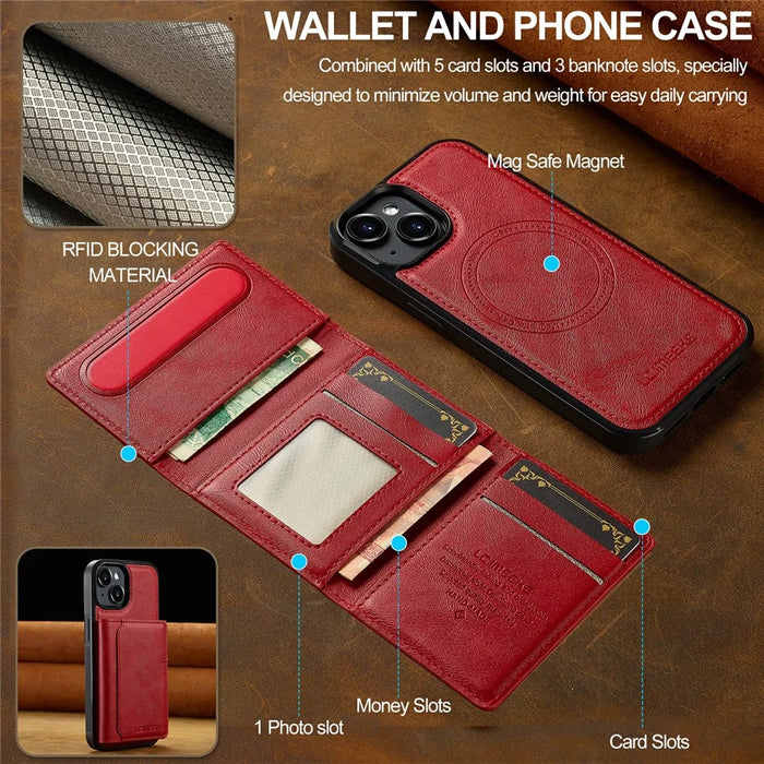 LC.IMEEKE L5 For iPhone 15 Plus Magnetic Phone Case Leather Back Cover with Detachable Card Holder - Red - 3